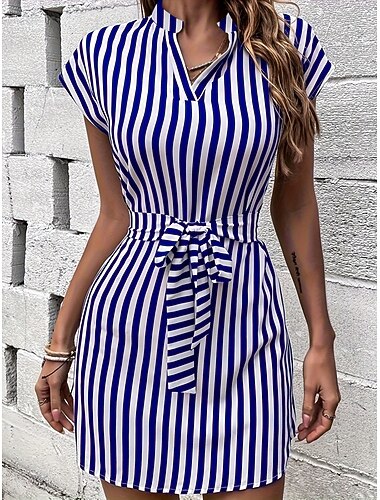  Per donna Mini Abito Vestito Casual Elegante Moda Moderno All'aperto Vacanza Uscire Vestibilità regolare A righe Manica Corta Scollo a V Blu Nero Marrone Blu scuro Estate Primavera