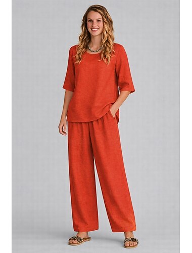  Conjuntos femininos de algodão e linho para usar em casa, confortáveis e casuais, em cores lisas, para o dia a dia, nas cores laranja, vermelho, azul-marinho, preto, branco e verde-escuro, perfeitos para primavera e outono.