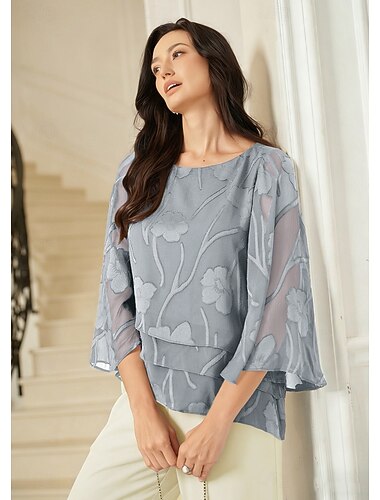  Femmes Chemise en Dentelle Chemisier Hauts Élégants Hauts en mousseline de soie Ourlet asymétrique Couleur Unie Fleuri Élégant Manche 3/4 Manche cloche Col Bateau Hauts Réguliers Quotidien Travail