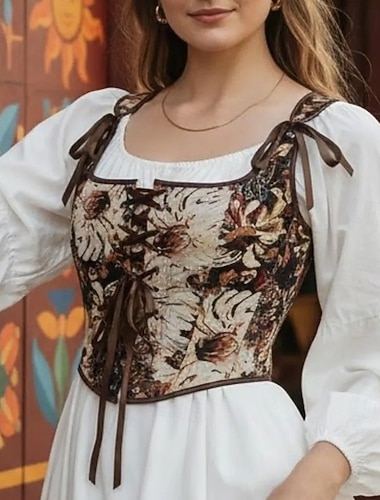  Médiéval Renaissance Cottagecore Corset Corsage Viking Paysan À lacets Fleuri Jacquard Déguisement Femmes Celtique Fantaisie Halloween Carnaval Performance LARP Foire de la Renaissance Adulte Corset