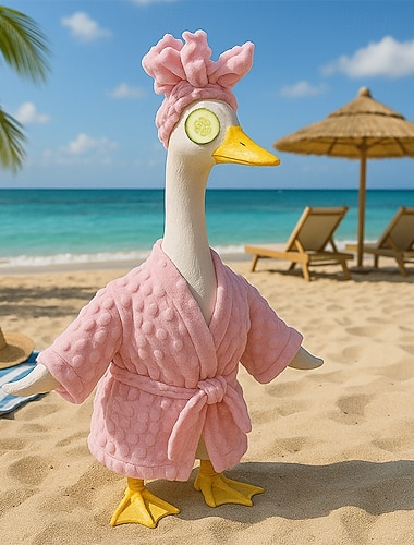  Conjunto de 3 peças para um dia de spa para um ganso grande de varanda, incluindo roupão rosa, turbante e máscara de pepino para os olhos. Roupa fofa para ganso de jardim, ideal para decoração externa