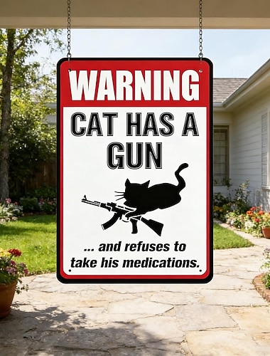  Avviso: il gatto ha una pistola e si rifiuta di prendere le sue medicine, insegne in metallo vintage da parete, perfette per casa, cancello, giardino, bar, caffè, ufficio, negozio, club, tana