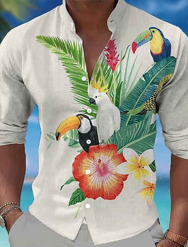  Herre Tropiske blomster Palmeblad Tukaner Skjorte Hawaiiskjorter Skjorte med stativ krage Langermet Hawaiisk Avslappet Strandferie Vår Høst Kinesisk Krave Båndkrage 3D-utskrift Skjorter med knapper
