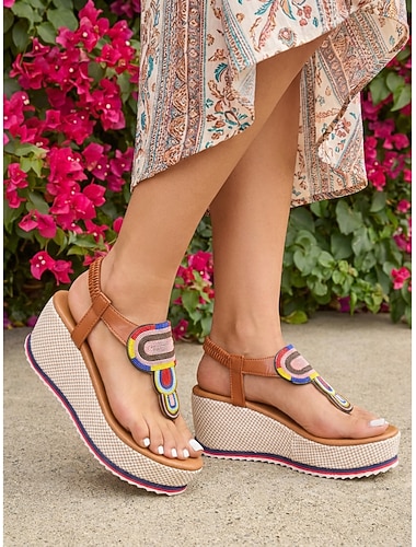  Dames bohemian platform sandalen met kralen - bruine teenslipper espadrilles met sleehak en kleurrijk tribaal borduurwerk, perfect voor buitenactiviteiten, strandvakanties en resorts. &zomervakanties
