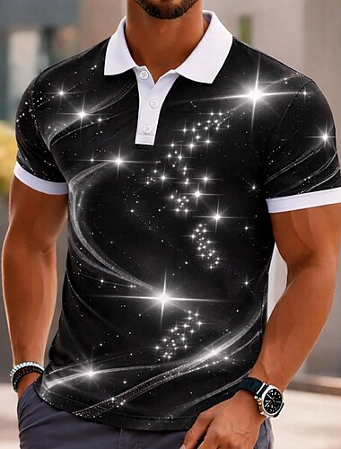  Voor heren Heelal Poloshirts Korte mouw Poloshirt Overhemden met kraag Casual Sportkleding Knop Lente zomer blauw Zwart Paars