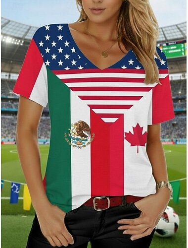  Mulheres Camiseta T-shirt Bloco de cor Imprimir Gráfico Bandeira Bandeiras à moda Clássico Casual Manga Curta Decote V Tops regulares Diário Esportes Para Noite Vermelho Verão Primavera
