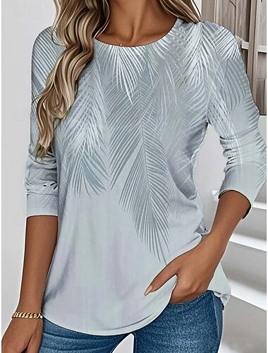  Damen T Shirt Druck Blumen Grafik Pflanzen Stilvoll Klassisch Modern Langarm Rundhalsausschnitt Normale Oberteile Täglich Wochenende Urlaubskleidung Blau Rosa Königsblau Grün Grau Sommer Frühling