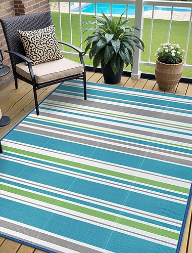  vanntett utendørsteppe 1,5 x 2,4 m, vendbart plastteppe, moderne teppe, stor gulvmatte for utendørs bruk, bobil, terrasse, bakgård, dekk, piknik, strand, camping, blå &grønn