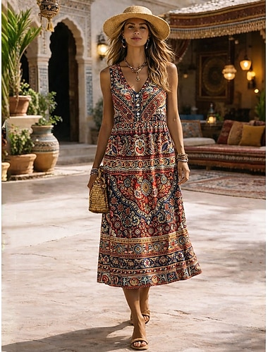  Dam Midiklänning Sheath Dress Sommarklänning Semester Ledigt Boho Dagligen Helgdag Sommarklänning Normal Grafisk Geometrisk Ärmlös V-hals Blå Brun Sommar Vår