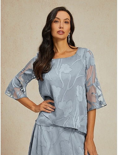  Femmes Chemise en Dentelle Chemisier Hauts Élégants Hauts en mousseline de soie Ourlet asymétrique Couleur Unie Fleuri Graphique Élégant Manche 3/4 Manche cloche Col Bateau Hauts Réguliers Quotidien