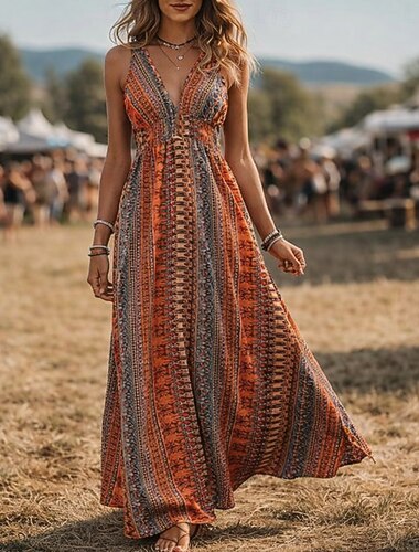  Bohème Rétro Vintage Boho Longue longueur Robe Sans manches Bohème Col en V Déguisement Femmes Mascarade Festival de Musique Soirée à thème rétro Adulte Robe Été