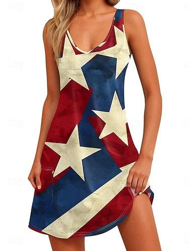  Függetlenség Napja Női Mini ruha hétköznapi ruha Slip ruha Divat Klasszikus Modern Szabadtéri Vakáció Alkalmi Normál Csillagok és sávok Ujjatlan V-alakú Medence Rubin Tengerészkék Világoskék Nyár