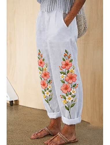  Damskie Spodnie Spodnie codzienne Prosta Urlop Podstawowy Codzienny Pełna długość Do kostek Natutalne Kwiaty Graficzny Kieszeń Drukowanie Elastyczna konstrukcja ze sznurkiem Wygodne Komfort Wygodny