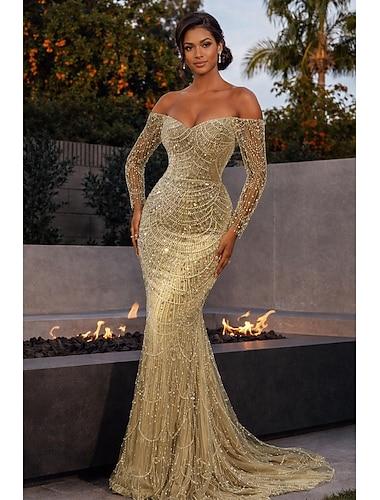  Sirène Trompette Traîne Balayage Robes de Bal Robe de Soirée Tenue de soirée Élégant Scintillant Style Célébrité manche longue Coeur Fête de jardin Mariage Pailleté avec Paillettes