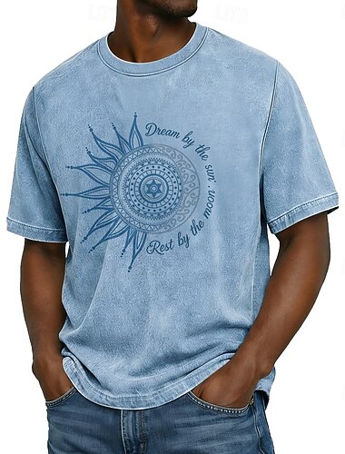  T-shirt graphique pour homme, manches courtes, col rond, motif mandala soleil et lune, style bohème céleste délavé à l'acide, idéal pour un look streetwear décontracté au quotidien. Disponible en