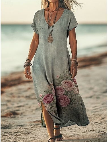  Per donna Abito maxi Abito Boho Vestito Casual Abito a trapezio Abito Stampato Vintage All'aperto Spiaggia Vacanza Vestibilità regolare Floreale Grafico Manica Corta Scollo a V Rosa chiaro Giallo