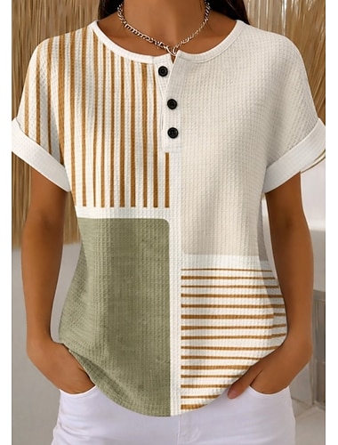  Hauts tricotés texturés Waffle pour femmes t-shirt à bloc de couleur graphique ombre géométrie stylé classique à manches courtes col rond hauts réguliers quotidiens sportifs vert clair khaki