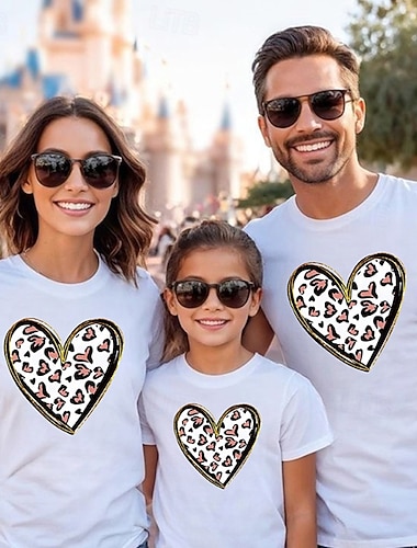  Famiglia Maglietta Top Cuore Casuale Stampato Bianco Rosa Beige Manica Corta Attivo Abiti coordinati