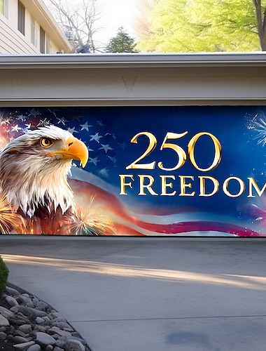  4 luglio 2026 250° Memorial Day 250 Libertà Aquila Calva Bandiera Americana F fireworks Banners Porta Garage Esterno Decorazione Patriottica Giornata dell'Indipendenza Celebrazione del 4 Luglio Sfondo