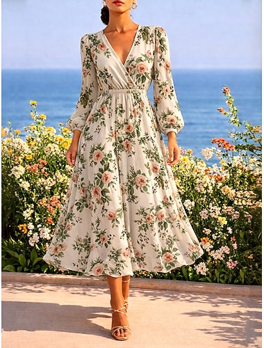  Damen Midikleid Faltenkleid Figurbetontes Kleid Geburtstag Lässig Formell Büro Date Normale Passform Blumen Grafik Langarm V Ausschnitt Beige Sommer Frühling
