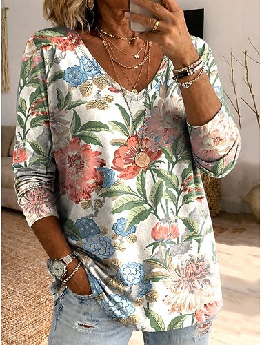  בגדי ריקוד נשים חולצה קצרה דפוס פרחוני גראפי צמחים וינטאג' מסוגנן קלסי שרוול ארוך צווארון V חולצות ארוכות יומי ורוד בהיר ירוק בהיר בז' ורוד ורד קיץ אביב