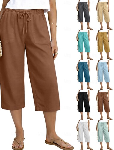 Naisten Caprihousut Kesähousut 3/4-pituiset housut Pellavaiset Capri-housut Muoti Perus Vasikka-Length Keskikorkea vyötärö Tavallinen Kurenauha Tasku Joustava vyötärö Kevyt Hengittävä Joustamaton
