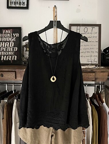  Dames Kanten overhemd Effen Kleur Elegant Bohemen Vakantie Mouwloos Strakke ronde hals Lange tops Dagelijks Feestdagen Weekend Zwart Wit Blozend Roze Licht Bruin Khaki Zomer Lente