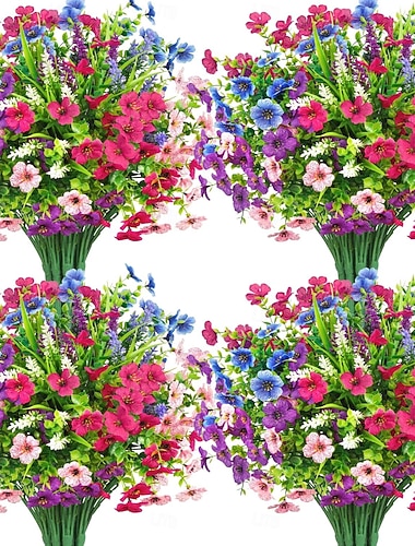  20 Bündel künstliche Blumen für die Außendekoration, UV-beständige Kunstseidenblumen, künstliche Gänseblümchen und Eukalyptus für Frühling und Sommer, Garten, Hof, Veranda, Fenster, Wohndekoration,