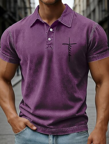  Voor heren Grafisch Acid Wash-shirt 100% Katoen Korte mouw Poloshirt Overhemden met kraag Vintage Casual Buiten Feestdagen 3D-afdrukken Knop Lente zomer blauw Paars Bruin