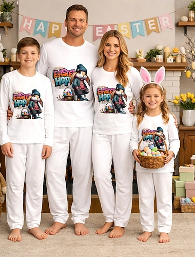  משפחה פסחא פיג'מות גראפי אַרנֶבֶת קזו'אל דפוס לבן שרוול ארוך חופשה תלבושות תואמות
