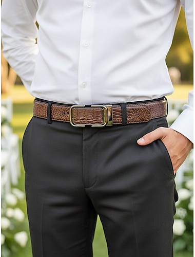  Мужской кожаный ремень с имитацией крокодиловой кожи, черно-коричневый, элегантный аксессуар для официальных и повседневных мероприятий, свадеб, вечеринок и деловых встреч.