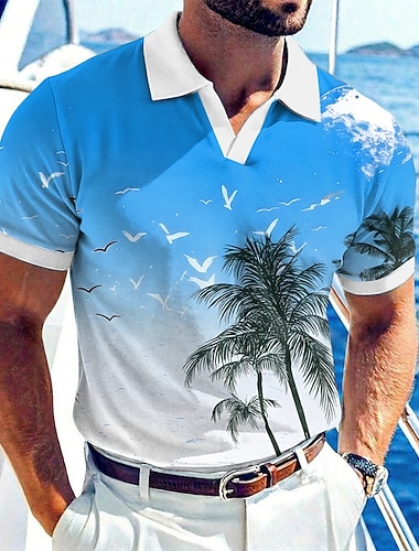  בגדי ריקוד גברים עץ דקל חולצות פולו הוואי שרוולים קצרים חולצות פולו צווארון V יום יומי אתר נופש בגדי ספורט ומנוחה לבוש יומיומי בגדי נופש הִתקָרְרוּת אביב קיץ קיץ פול צהוב כחול סקיי