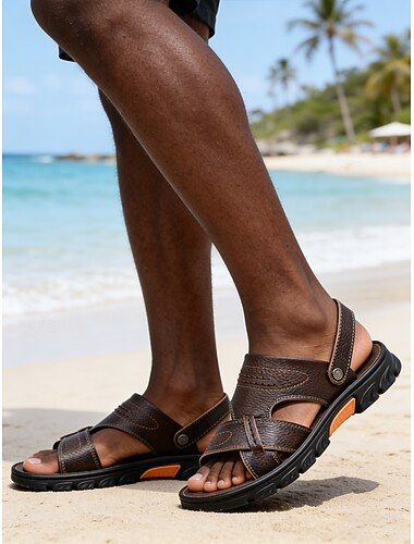  Herresandaler med mørkebrune stropper i kunstskinn – uformelle strandsko for turgåing, reiser og fritid