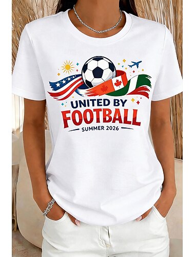  Damen T Shirt Druck Grafik Fussballteam Stilvoll Klassisch Lässig Kurzarm Rundhalsausschnitt Normale Oberteile Täglich Blau Schwarz Weiß Rote Grün Sommer Frühling