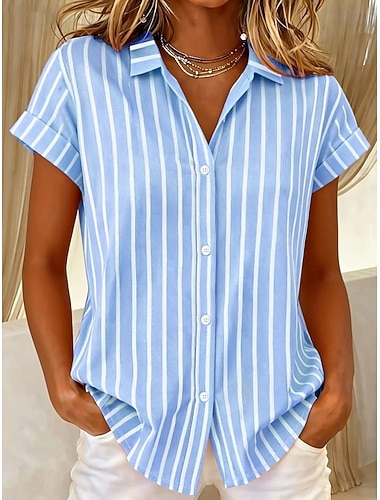  Dámské Košile Grafika Geometrický Proužky Vinobraní Tropický vzhled stylové Bez rukávů Krátký rukáv Košilový límec Dlouhé topy Denní Vodní modrá Černá Světlá růžová Oranžová Trávová zelená Léto Jaro