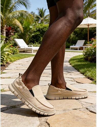  Beige slip-on loafers til menn, pustende og lette, perfekte utendørssko for reiser, ferie og fritidsaktiviteter