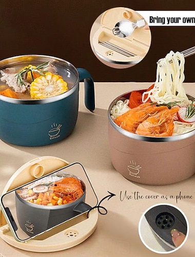  Instant-Nudelschüssel aus Edelstahl 304 mit Deckel und Griff, 1200 ml Fassungsvermögen, doppelwandige, hitzebeständige Suppenschüssel, tragbarer Lebensmittelbehälter für Studentenwohnheim, Büro und