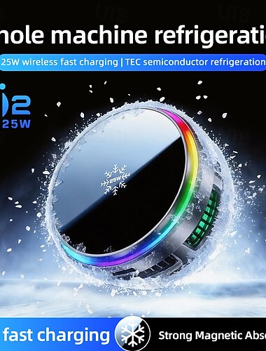  Chargeur magnétique sans fil 25 W et refroidisseur de téléphone, radiateur frigorifique à semi-conducteurs Tec avec éclairage RGB, ventilateur de refroidissement à charge rapide compatible avec iPhone 17/16/15/14/13, MagSafe et Android