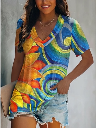  Dámské Tričko Tisk Barevné bloky Slunečnice Vinobraní Na běžné nošení Cikánský Krátký rukáv Do V Běžné topy Denní Vodní modrá Fialová Námořnická modř Oranžová Trávová zelená Léto Jaro