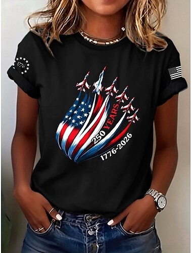  Giorno dell'Indipendenza Americana Per donna Maglietta Stampato Grafico Bandiera Lettera Vintage Elegante Classico Manica Corta Girocollo Top Regolari Quotidiano Blu Cenere Nero Bianco Estate