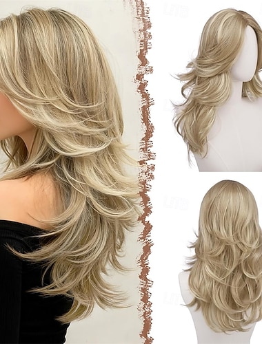  פאה גלית בצבע בלונדינית מלוכלכת עם פוני וילון לנשים, פאה סינתטית באורך 22 אינץ' עם מראה טבעי וחלק אמצעי לשימוש יומיומי במסיבת תחפושות