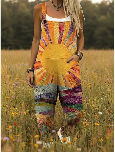  Damen Overall Aktiv Grafik Ärmellos Ärmellos Quadrathals Tasche Druck Täglich Urlaub Lässiger Schnitt Orange Sommer