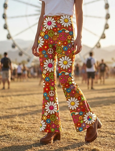  عتيق / معتق بوهو السبعينات بنطلون سروال الجرس ستايل هبي ديسكو عالي الخصر ورد ملابس تنكرية نسائي عيد الرعب مهرجان احتفال موسيقي حفلة ذات طابع ريترو للبالغين بنطلونات