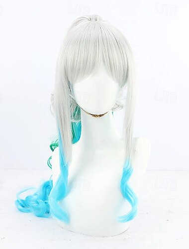  Peruca prateada de aventureiro do oceano com pontas em degradê azul e verde para festa de cosplay.