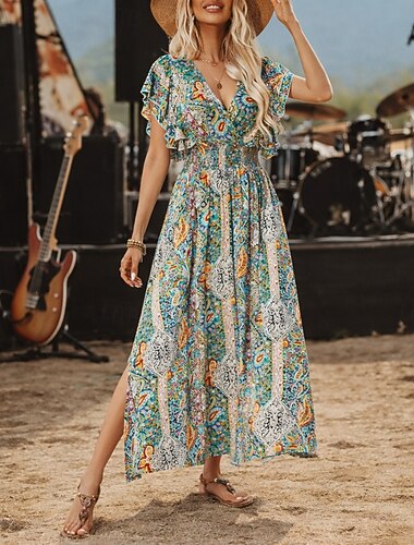  Bohème Rétro Vintage Boho Robe Manches courtes Hippie Disco Paisley Bohème Déguisement Femmes Mascarade Festival de Musique Soirée à thème rétro Adulte Robe