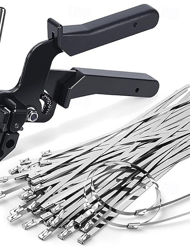  Pistolet à colliers de serrage en acier inoxydable avec 100 colliers métalliques de 30 cm (11,8 pouces), outil spécial pour la fixation et la coupe de colliers de serrage en acier, pièces de clôture à