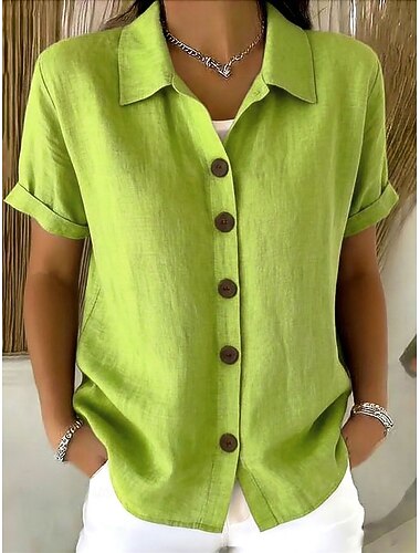  Dámské Halenka Knoflíky Pevná barva stylové Na běžné nošení Krátký rukáv Košilový límec Běžné topy Denní Vodní modrá Bílá Světlá růžová Rubínově červená Trávová zelená Léto Jaro Podzim
