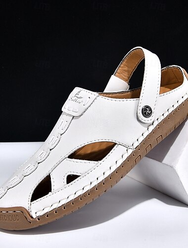 Witte sandalen voor heren van imitatieleer – zomerse casual schoenen, verstelbare band, outdoor schoenen voor resorts en vakanties.