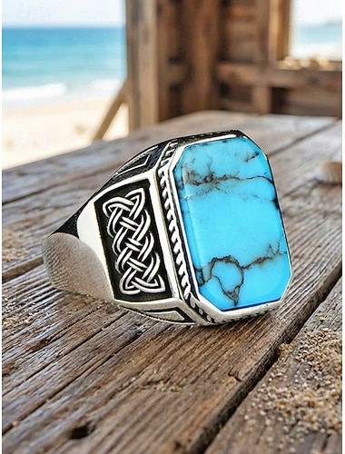  Bague vintage bohème pour homme en alliage turquoise, plusieurs tailles, bijou tendance pour les vacances à la plage, les voyages et le quotidien.