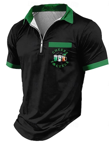  Dia de São Patrício Homens Trevo Camisas Polo Manga Curta Camisas polo Camisas de colarinho Casual Ao ar livre Roupa Esportiva Feriado Bolsos Impressão 3D Polo com fecho de correr de um quarto